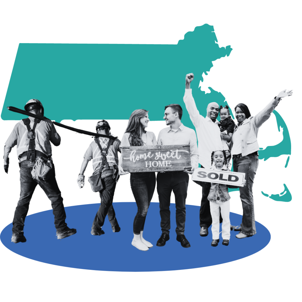 Massachusetts background with two families holding up home signs and a pair of construction workers working in the background