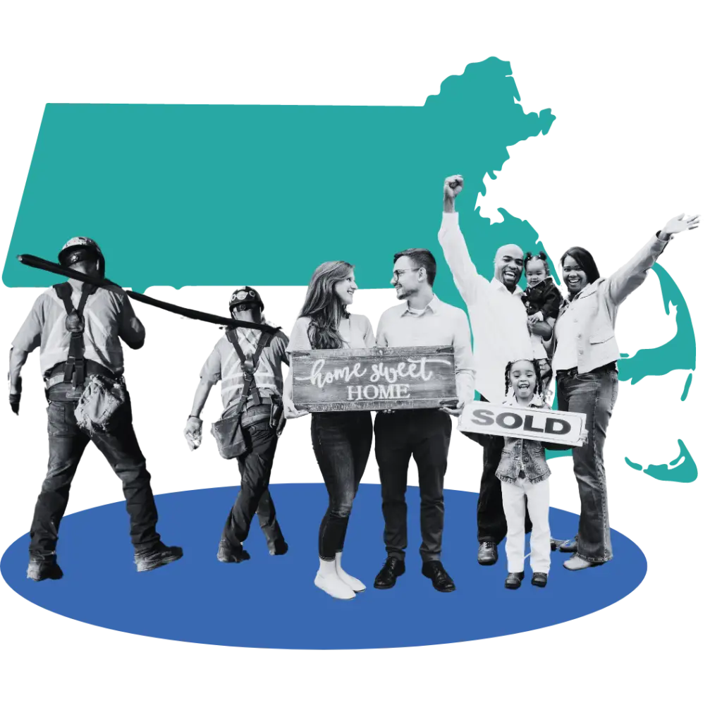 Massachusetts background with two families holding up home signs and a pair of construction workers working in the background